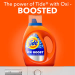 Single orange Tide Ultra Oxi Boost detergent bottle against an orange background with headline about Tide with Oxi boosted