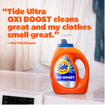 Tide Ultra Oxi Boost bottle on a washer top with quote praising the product and hanging clothes in background