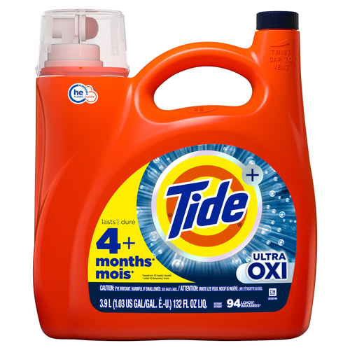 Clear product shot of a Tide Ultra OXI orange detergent jug showing the Tide logo and label details on a white background