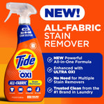 Tide +Ultra OXI all-fabric stain remover bottle on orange background with callouts highlighting new formula