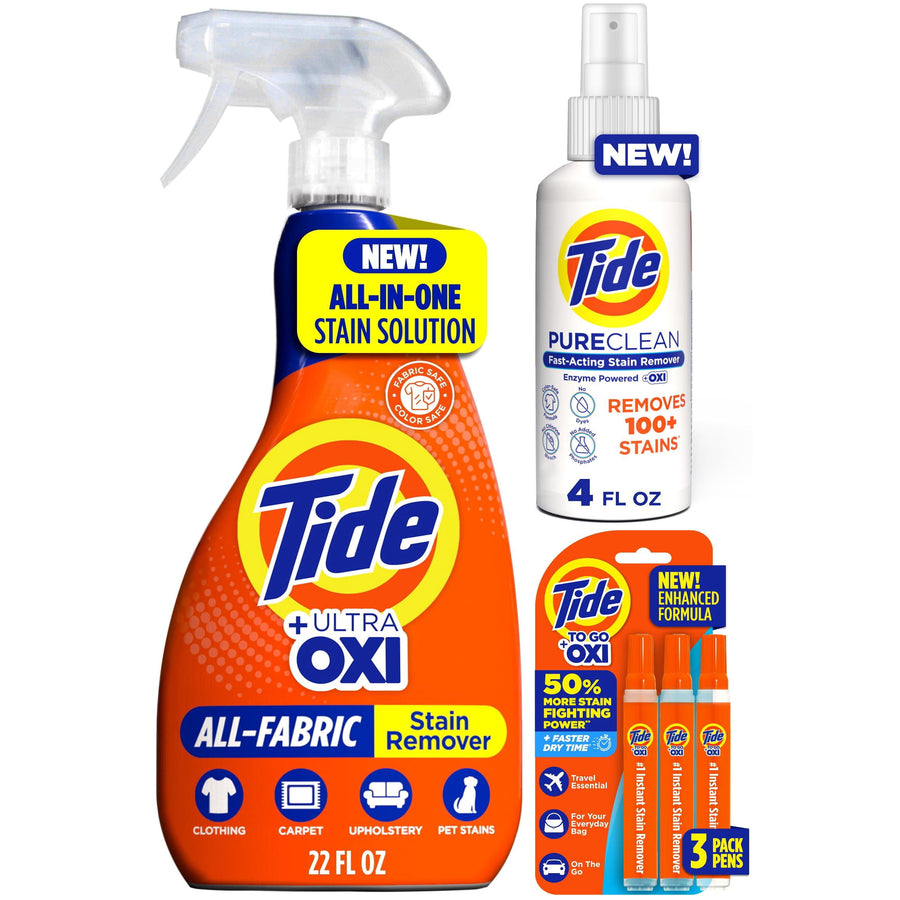Front-facing Tide Ultra Oxi all-fabric stain remover spray bottle with smaller Tide PureClean and three orange Tide To Go pens shown