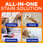 Four-panel infographic showing clothing, carpet, upholstery and pet stains as applications for the stain remover