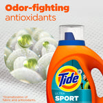 Close-up of Tide Ultra Sport bottle with magnified fabric particles graphic and ‘Odor-fighting antioxidants’ text
