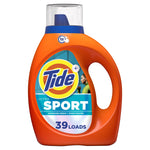 Orange Tide Ultra Sport liquid detergent bottle showing SPORT label and clear measuring cap