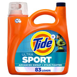 Orange Tide Ultra Sport detergent bottle with label showing Tide logo and 'Ultra Sport' graphic
