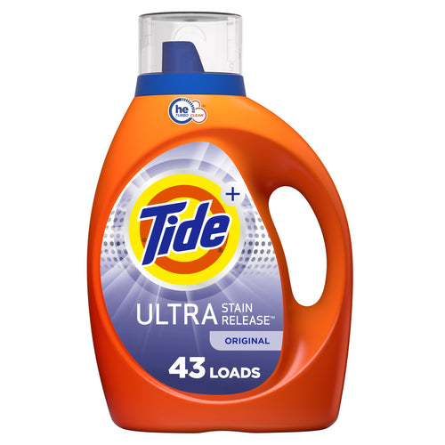 Orange Tide Ultra Stain Release liquid detergent bottle with label showing Tide logo and '43 loads' on white background.
