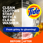 Split before-and-after image of a washing machine drum with Tide logo and text claiming cleaner effect