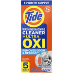 Front view of Tide washing machine cleaner packaging with prominent OXI text, Tide logo and washer door photo