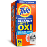 Tall orange Tide box for washing machine cleaner with large OXI branding and a washer door image