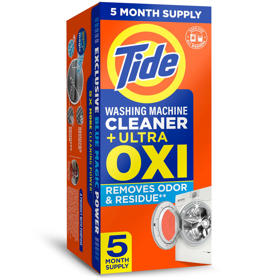 Tall orange Tide box for washing machine cleaner with large OXI branding and a washer door image