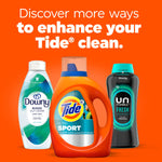 Cross-sell image showing Tide Ultra Sport bottle flanked by Downy and Unstopables on orange background