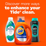 Tide Ultra Hygienic Clean bottle shown center with Downy and Downy Unstopables bottles flanking it and headline about enhancing Tide clean.
