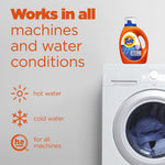 Lifestyle graphic of a Tide bottle sitting on a washing machine with icons for hot and cold water and text 'Works in all machines and water conditions'.