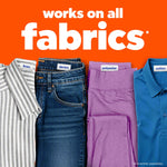 Row of folded garments labeled linen, denim, polyester, cotton under text “works on all fabrics”