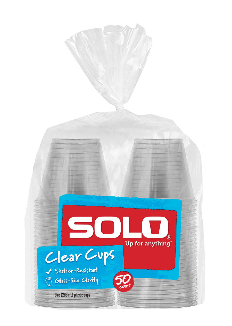 Tied clear plastic retail bag containing two stacks of Solo clear cups with a blue and red Solo label