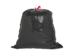 Tied black garbage bag with visible red drawstring against white background