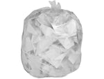 Tied translucent trash bag filled with paper, shown against a white background