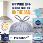 Lifestyle-style graphic showing tied trash bag in a bin next to Color Scents packaging and text about neutralizing odor-causing bacteria.