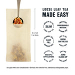 Single Tiesta Tea unbleached filter shown flat with measuring spoon and icon callouts describing size and benefits
