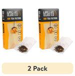 Two Tiesta Tea filter boxes with loose leaf tea and opened unbleached tea filter pouches on white background