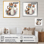 Living room mockup showing framed square tiger-with-toilet-paper canvas art in multiple sizes and coordinating throw pillows featuring the same design.