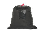 Tightly tied black trash bag with a red drawstring on a plain white background