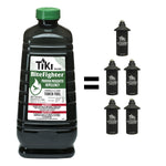 TIKI BiteFighter torch fuel bottle at left with graphic showing equivalence to multiple replacement canisters at right