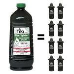 TIKI BiteFighter torch fuel bottle at left with equal sign and a column of replacement canisters at right on white background