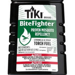 Close crop of TIKI BiteFighter label showing brand name, green panel, and warning strip on dark plastic bottle