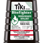 Cropped front label close-up of TIKI BiteFighter torch fuel showing brand name, mosquito graphic and safety warning stripe