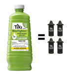 Product comparison graphic showing a green TIKI Clean Burn torch fuel bottle equal to four black TIKI replacement canisters
