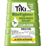 Close-up of the TIKI BiteFighter Clean Burn torch fuel label showing branding, mosquito graphic and caution panel