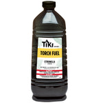Single dark plastic Tiki Brand torch fuel bottle with citronella label on a white background