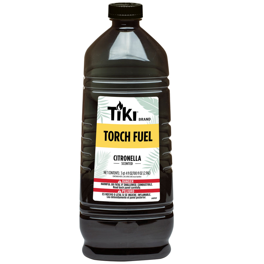 Single dark plastic Tiki Brand torch fuel bottle with citronella label on a white background