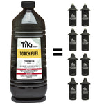Tiki torch fuel bottle at left with an equals sign and a column of small replacement canisters at right, infographic style