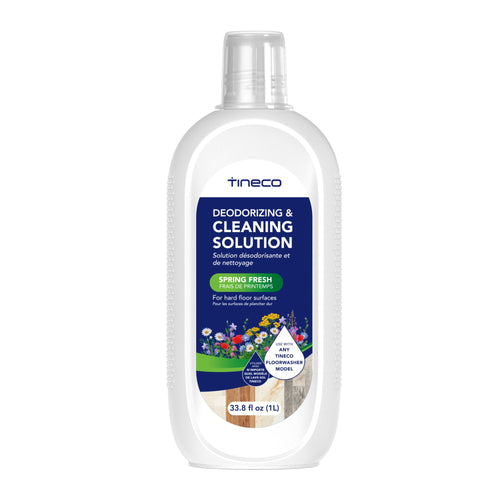 White plastic bottle of Tineco Deodorizing & Cleaning Solution with spring fresh label and floral graphic, front view