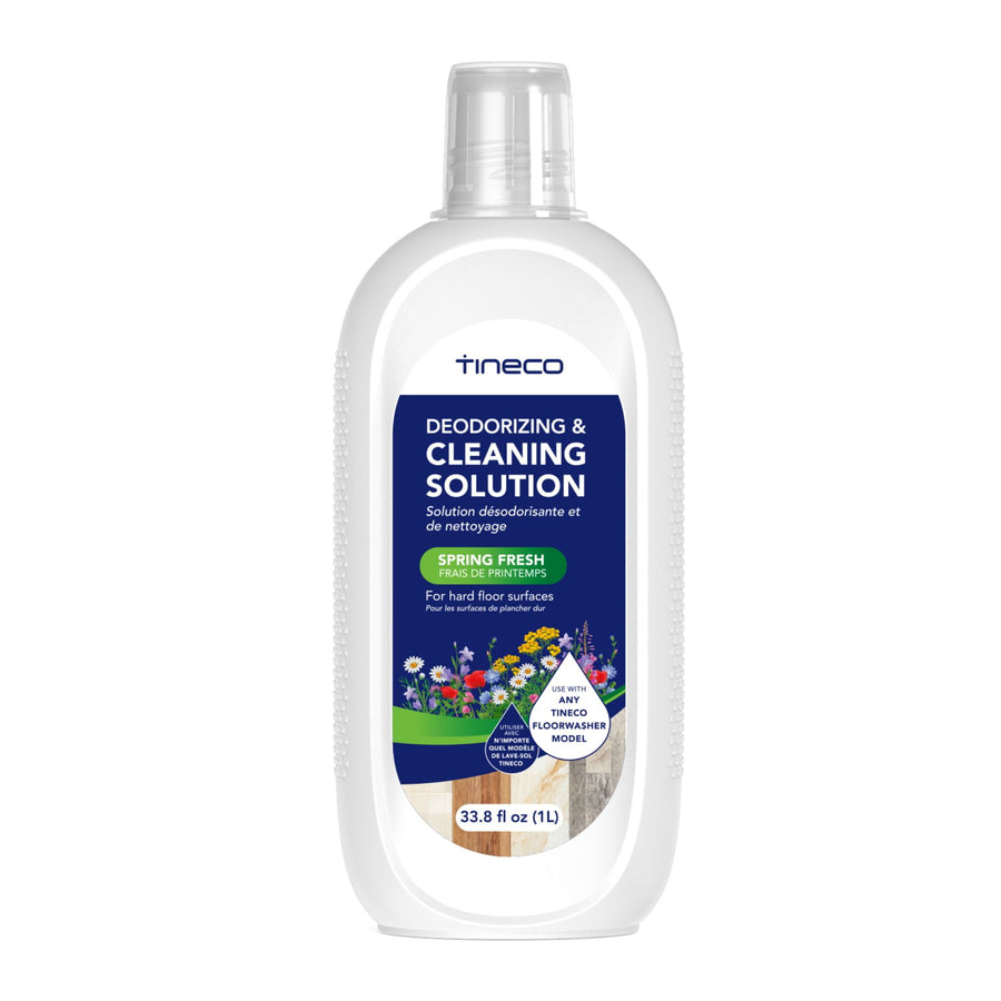 White plastic bottle of Tineco Deodorizing & Cleaning Solution with spring fresh label and floral graphic, front view