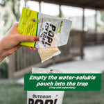 Hand tipping a RESCUE! POP! Fly Trap refill pouch to empty contents into a jar-style trap with instructional overlay text