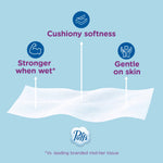 Illustrated tissue strip with arrows pointing to benefits: 'Cushiony softness', 'Stronger when wet', and 'Gentle on skin'