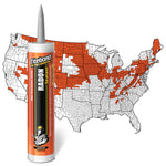 Titebond Radon Sealant cartridge in front of a US county map highlighting radon-prone areas in orange