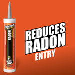 Titebond Radon Sealant cartridge on orange background with bold text reading REDUCES RADON ENTRY