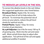 Text panel titled To Reduce pH Levels in the Soil with broadcast and potted plant application rate instructions.