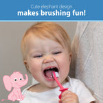 Toddler opening mouth and holding a pink elephant toothbrush with a smiling elephant illustration and caption about making brushing fun.