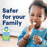 Smiling toddler eating with a spoon beside Safer Choice logo and text reading safer for your family