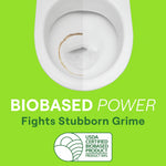 Top-down toilet bowl split before-and-after image over green background with "Biobased Power" text and USDA biobased seal
