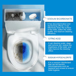 Top-down cross-section of a toilet bowl half dirty and half blue-clean with text panels listing ingredient effects