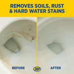Before and after split image of a toilet bowl showing heavy stains removed, Zep logo below