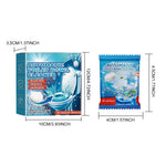 Packaging dimensions diagram showing a toilet bowl cleaner box and a single sealed tablet pouch with measurements