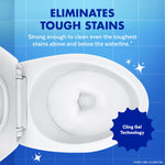 Overhead view of a clean toilet bowl against blue tiled background with text about eliminating tough stains and a cling gel badge