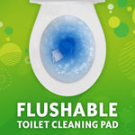 Top-down view of a toilet bowl flushing blue water with a cleaning pad swirling toward the drain on green background